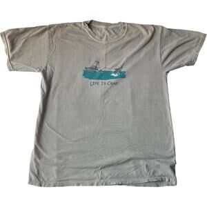 Life Is Crap Fishing Shark Graphic Tee Men’s M Gray Regular 2010s